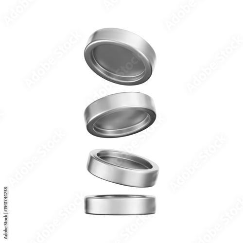 3D silver coin stack isolated on white background. Realistic metallic chrome tokens for finance, casino, jackpot, payment, banking, treasure, reward, currency, poker. 3D vector illustration