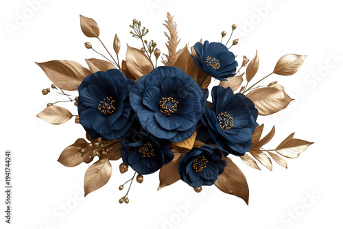 Elegant navy blue and golden floral bouquet design, luxury botanical arrangement, transparent background