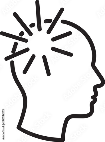 Human head profile with lightning flash representing severe headache migraine and stress symptom linear vector icon