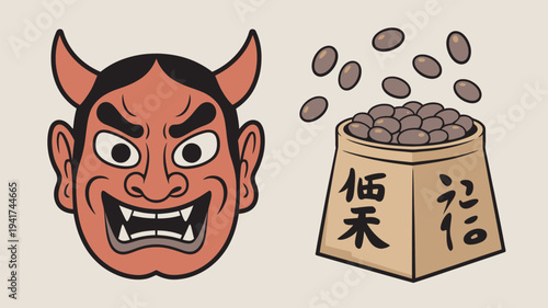A cartoon illustration of a red demon face and a bag of beans with Asian characters on it