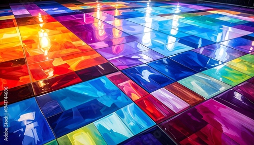 Rectangular glass panes create a vibrant, colorful floor with an abstract painted effect, and bright reflected lights
