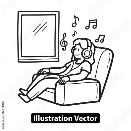 Woman relaxing on couch listening to music with headphones in a cozy living room environment from a front viewpoint