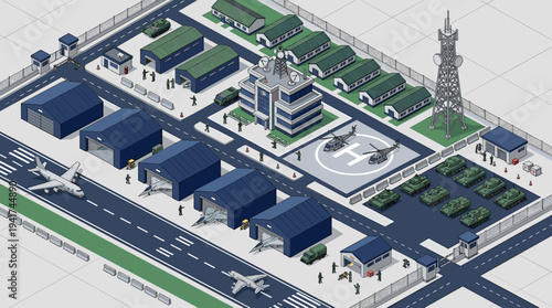 Isometric military base with aircraft, helicopters, and armored vehicles, featuring barracks, hangars, and a control tower