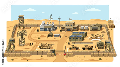 Pixel art military base illustration featuring various buildings, vehicles, and security features in a desert setting