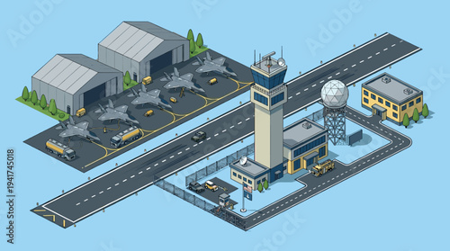 Isometric airport scene featuring aircraft, hangars, control tower, and runway with various vehicles and buildings, depicting a functional aviation hub for travel and industry