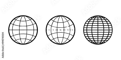 Globe grid spheres. Striped 3D spheres, geometry globe grid, earth latitude and longitude line grid vector symbols set. Spherical grid globe shapes .vector icon
