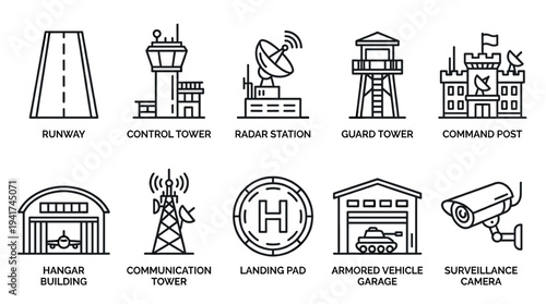 Collection of military and airport infrastructure icons representing various facilities like runways, control towers, and command posts