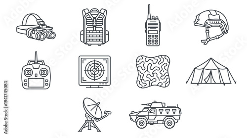 Diverse Concept of Military and Tactical Equipment Vector Line Icons Set Essential Gear for Defense Operations and Field Activities Collection