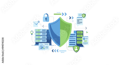 Data Security and Cyber Protection Vector Illustration. Secure Digital Infrastructure, Server Hosting, and Privacy Shield Concept Art.