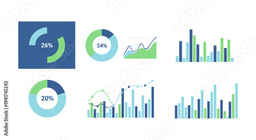 Modern Data Visualization Dashboard Template: Business Analytics Charts, Infographics, Bar Graphs, and Pie Diagrams for Financial Reports and UX/UI Design