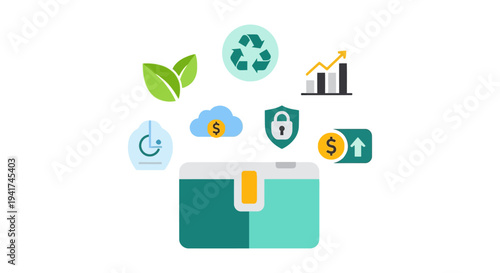 ESG (Environmental, Social, Governance) System Concept. Icons for Sustainability, Finance Growth, Digital Security, and Corporate Responsibility.