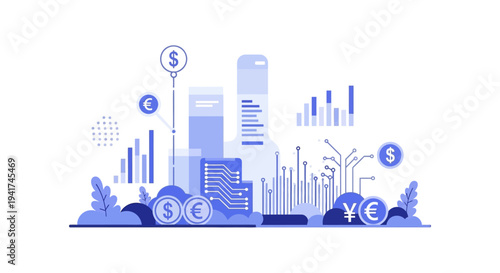 Digital Finance Technology Illustration. Global Currency Exchange, Data Analysis, and FinTech Integration Concept.