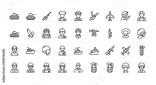 Military Icons Set: Tanks, Soldiers, Aircraft, Ships, Weapons, Grenades