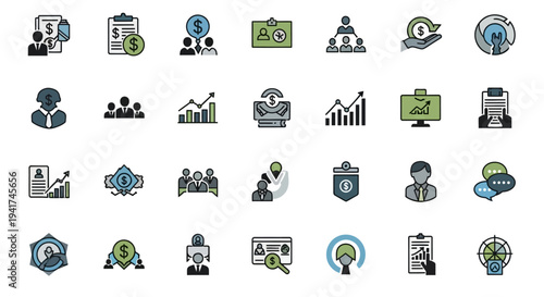 Business Icons Set: Finance, Teamwork, Strategy, Growth, Analytics, HR