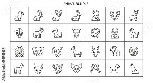 Cute Animal Icons Set: Farm, Forest, and Wild Creatures Line Art Collection