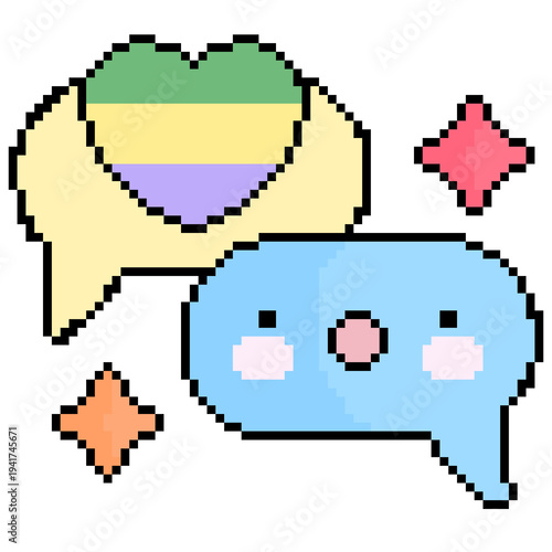Cute pixel art speech bubbles with heart and smiling character, kawaii chat icon.