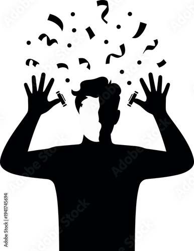 Silhouette Of Man With Confetti And Party Poppers In Hands
