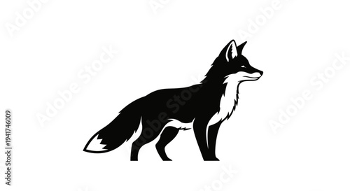 Black Fox Silhouette Standing Profile View - Minimalist Wildlife Art