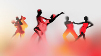 Ballroom dance silhouettes with dramatic motion blur and gradient light. Ideal for dance performance posters, cultural advertising, theater promotion and artistic branding visuals.