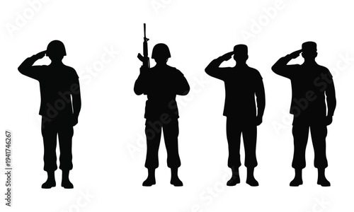 Black silhouettes of four military soldiers saluting and standing