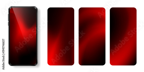 Smartphone mockup with abstract dark red gradient wallpapers. Crimson fluid vector background set for mobile app UI design, screen presentation, interface backdrop or dark cover templates.