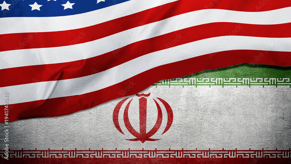 Naklejka premium United States flag waving over a textured Iranian flag on a concrete wall, representing geopolitics, international relations, and diplomatic tension between the two nations