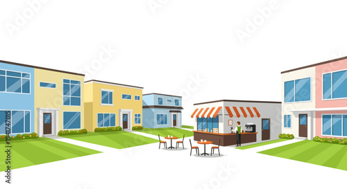 Vector illustration of a modern suburban street with houses and a cafe