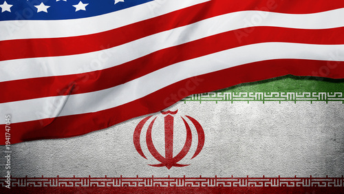 United States flag waving over a textured Iranian flag on a concrete wall, representing geopolitics, international relations, and diplomatic tension between the two nations