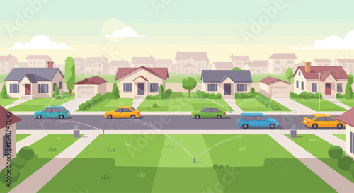 Suburban Street Scene with Cars, Houses, and Sprinklers