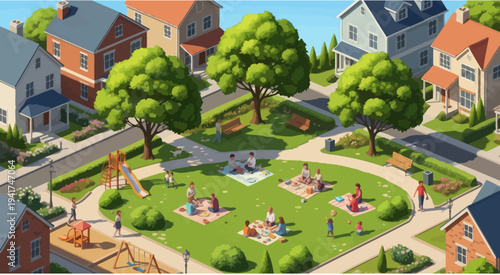 Suburban neighborhood park with families picnicking and children playing on playground.