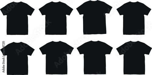 Black t-shirt silhouette collection set of eight blank shirts icons isolated on white background vector illustration for fashion design template