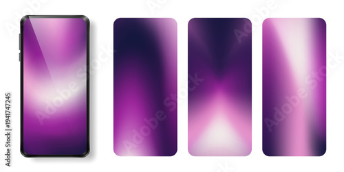 Set of realistic smartphone and bright purple wavy screen wallpapers for mobile phone. Set of horizontal vibrant violet smartphone backgrounds with gradient defocused dark magenta pattern