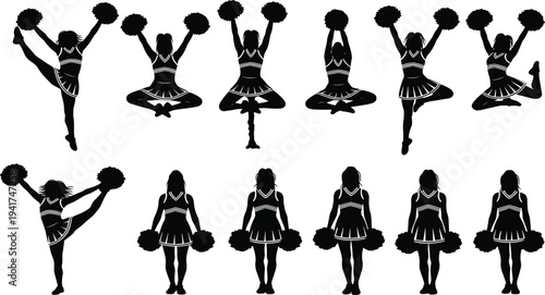 Cheerleader Silhouette Set Featuring Girls with Pompoms in Various Athletic Poses Jumping Dancing and Performing for Sports Teams and School Spirits