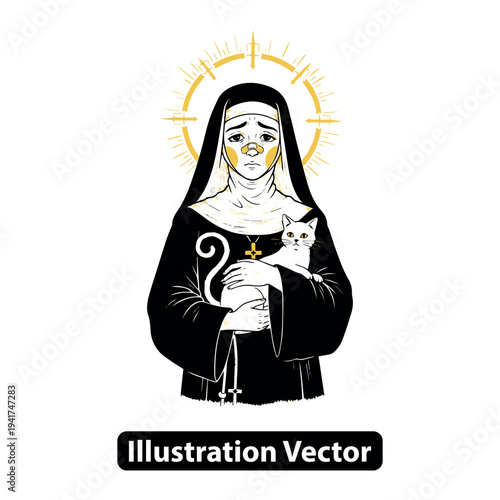 Illustration of Saint holding a cat in serene pose with halo