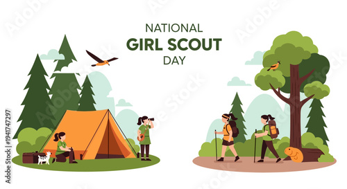 Illustration of Girl Scouts camping and exploring outdoors on National Girl Scout Day with a focus on teamwork and environmental awareness in a natural setting