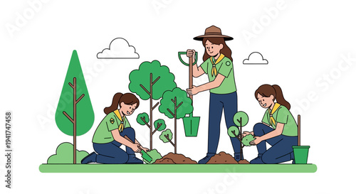 Three young girls in green shirts plant trees and seedlings in a natural setting with clouds, promoting environmental conservation and teamwork