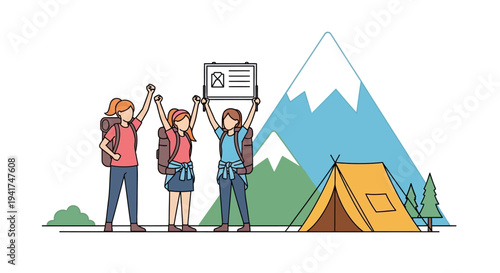 Illustration of children celebrating National Girl Scout Day with a camping theme, featuring teamwork and outdoor adventure in nature
