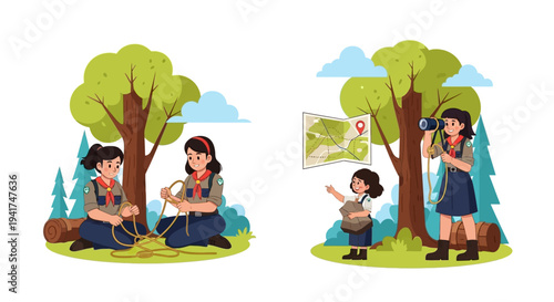 Illustration of children and a girl scout celebrating National Girl Scout Day with outdoor activities like camping and nature exploration