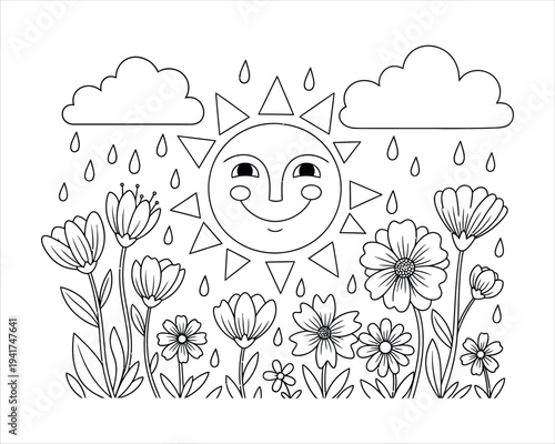 A whimsical sun smiling in a garden with flowers and raindrops on a sunny day with clouds