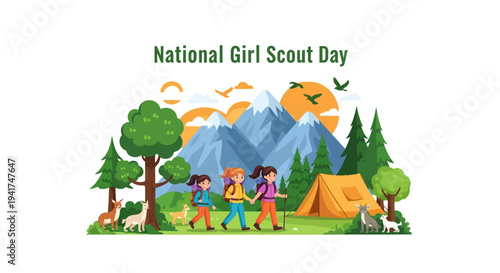 Illustration of children celebrating National Girl Scout Day with a camping scene featuring trees, mountains, and a tent, conveying a sense of outdoor adventure and teamwork