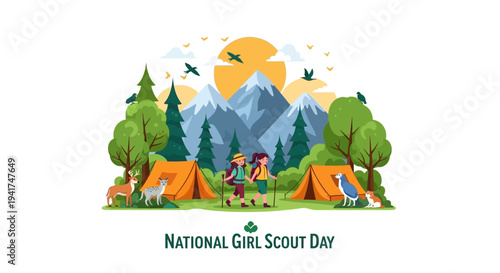 Illustration of children camping and celebrating National Girl Scout Day with a scenic mountain background