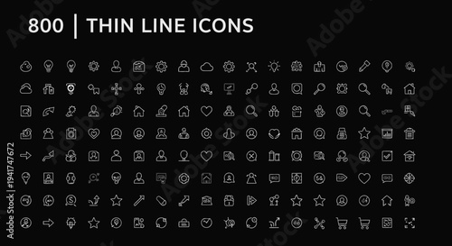Collection of 800 minimalist thin line icons on black background.