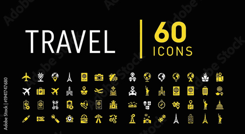 Collection of sixty travel related icons in yellow and white on a black background.