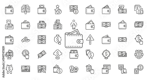 Collection of simple line icons representing finance and business concepts.