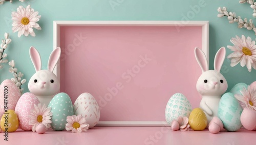 3d easter frame background with cute bunnies, eggs, and flowers on the sides of an empty rectangle mockup in a pink color