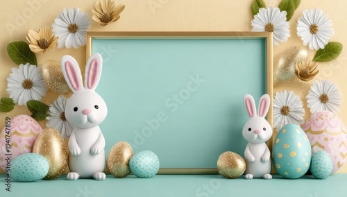 Colorful eggs, bunnies, and flowers on a pastel yellow wall