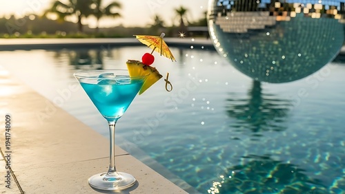Refreshing martini garnished with pineapple slice by the poolside at sunset