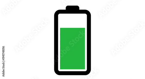 Full green battery icon with black outline and cap. Simple flat vector illustration perfect for energy, power, charging status, mobile UI, eco-friendly themes, or battery life indicators in apps.