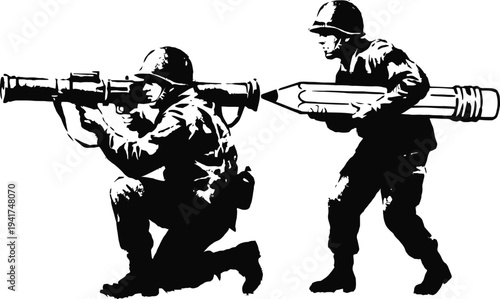 Soldiers loading a giant pencil into a rocket launcher graffiti