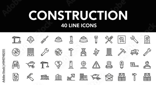 Collection of 40 Line Icons for Construction and Building Projects.